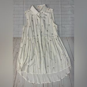 Solitaire Women’s Sleeveless Long Button Up Ivory Blouse Top Gold Bee Size Large